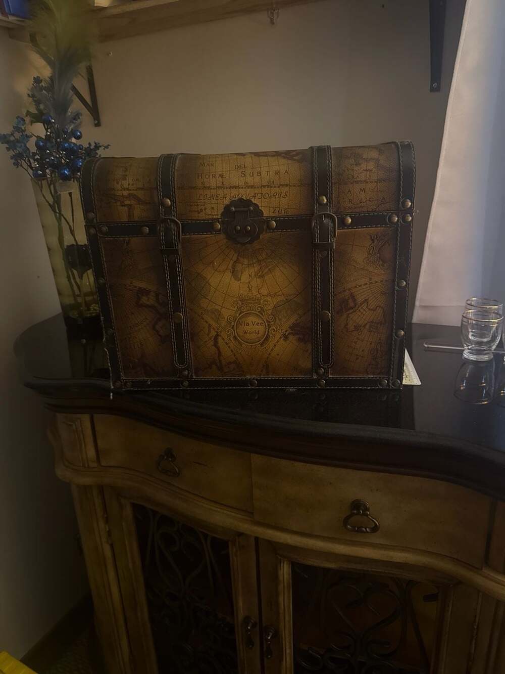Via Vee World Map Decorative Wooden Treasure Chest Trunk with Faux Leather Strap